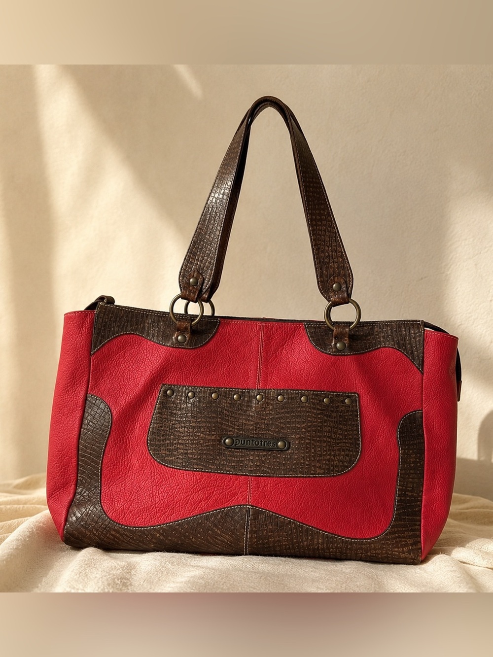 Puntotres Oversized Leather Red Brown Y2K Shoulder Tote Bag Made in Spain